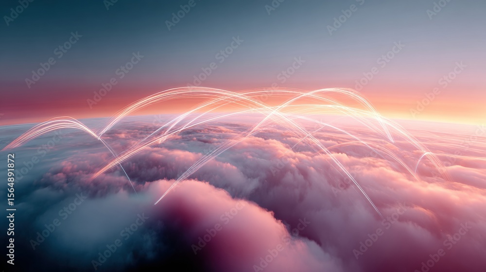 Poster Quantum Network Visualization Over Earths Curvature at Sunset, Illuminated Connections Symbolizing Global Digital Collaboration and Advanced Technology