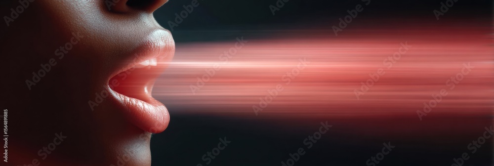 Poster Futuristic Voice Recognition Technology with Woman Speaking and Abstract Soundwave Graphics Representing AI Speech Processing and Real-Time Language Interaction