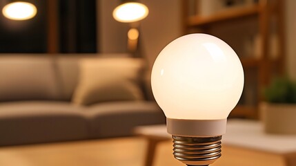 Modern glowing light bulb illuminates a cozy, blurred living space