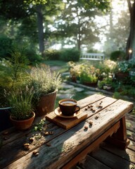 Steaming Coffee Cup on Rustic Wooden Table in a Peaceful Garden Setting with Lush Greenery and Morning Sunlight