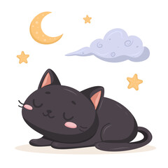 Adorable black cat peacefully sleeping under moon, stars, and cloud, in flat style, concept of calm bedtime