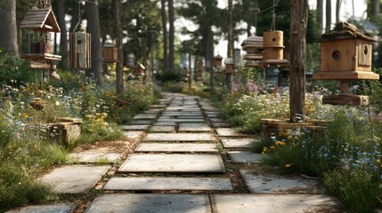 Obraz premium Stone Pathway through Lush Green Forest with Birdhouses and Wildflowers in a Scenic Outdoor Setting on a Sunny Day