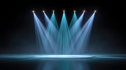 Concert lighting rig with symmetrical LED bars forming geometric shapes on stage, abstract lighting design with space