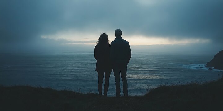 Romantic senior woman her husband by the ocean, sharing a quiet, intimate moment while gazing at the peaceful horizon together, Generative AI - Powered by Adobe