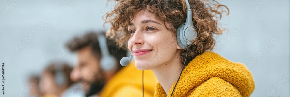 Poster Modern Tech-Savvy Call Center Agents Collaborating in Open Workspace for Customer Support and Teamwork Excellence, Emphasizing Communication and Innovation