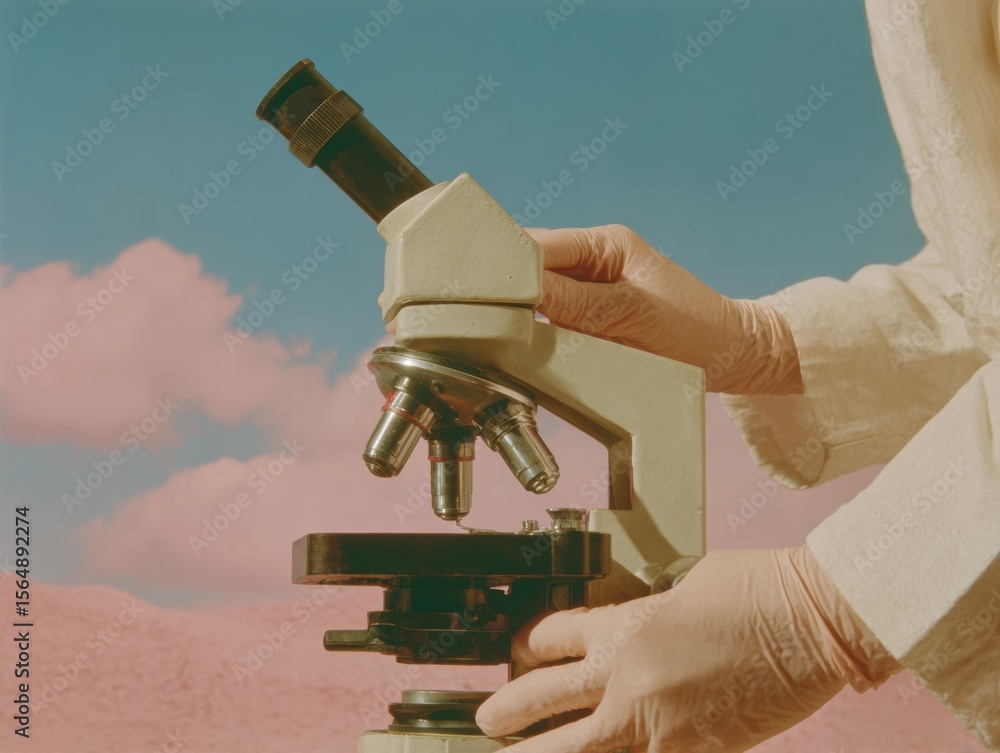 Poster Retro Style Close-Up of Microscope with Gloved Hands Adjusting Slide in Laboratory Setting for Scientific Discovery and Medical Innovation