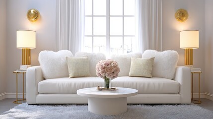 Contemporary living room decorated with metallic accents, soft throws, and minimalist furniture, chic and clean with space