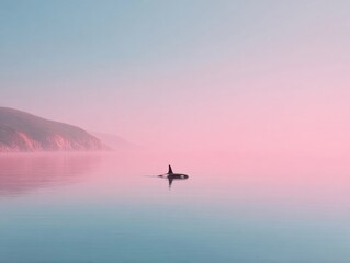 Fototapeta premium Serene Saltwater Mist with Lone Orca Swimming Near Misty Coastline Reflecting Calm Ocean Waters for Wildlife Preservation and Eco Awareness