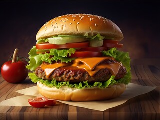Juicy hamburger with melted cheese, fresh lettuce, ripe tomatoes, and sesame seed bun, beautifully arranged on a wooden board, showcasing delicious fast food indulgence