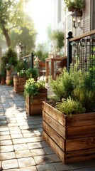 Fototapeta premium Sunlit Cobblestone Sidewalk with Wooden Planters and Greenery Near Building Facade on Sunny Day
