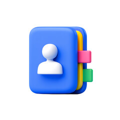 A vibrant 3D contact book illustration, representing digital address book, contacts, and person information,