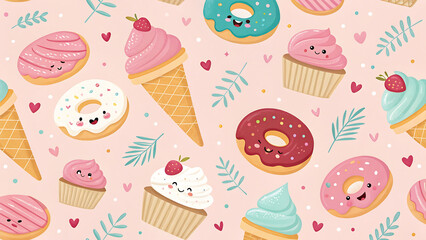 Seamless pattern with sweet donuts and cupcakes. Vector illustration.