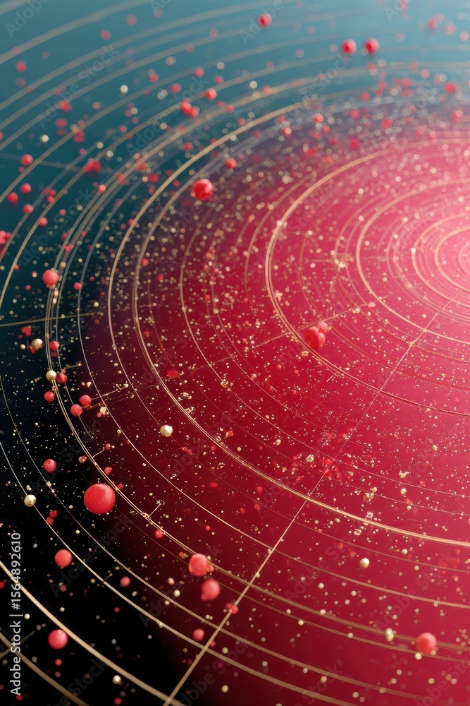 Poster Modern Celestial Map with Gold Lines and Red Spheres Featuring Star Orbits and Planets for Space Education and Digital Marketing Visuals