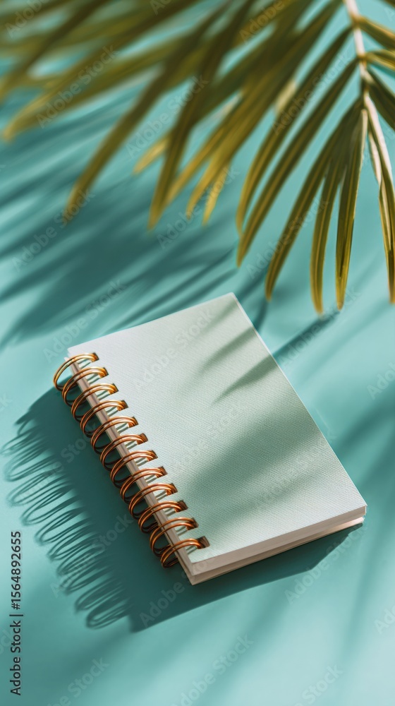 Poster Minimalist Spiral Bound Notepad with Textured Cover in Natural Light and Palm Shadow for Modern Productivity and Creative Note-Taking