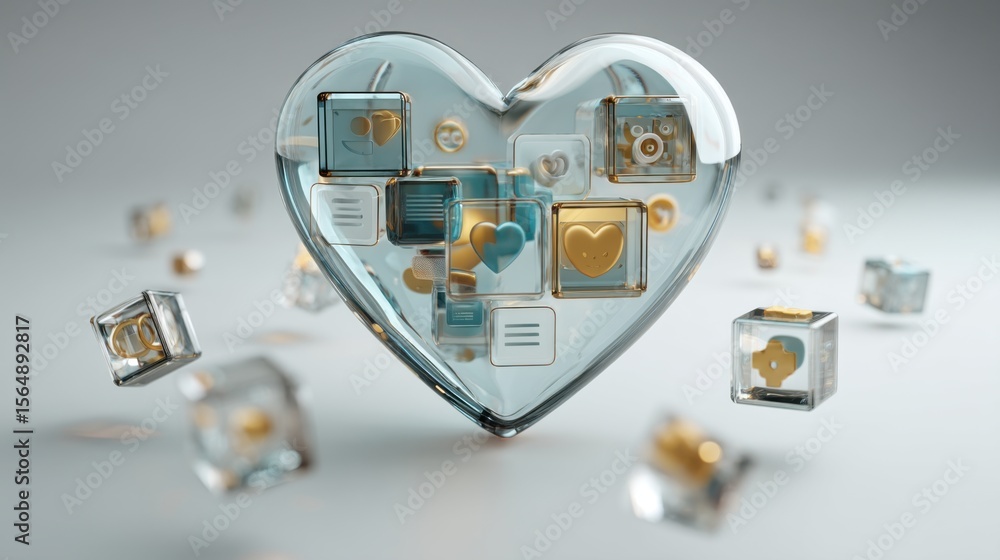 Fototapete translucent heart with golden geometric shapes and spheres floating on a soft gray background in a m