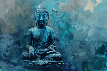 Ancient statue great Buddha on bright holiday composition, abstract vivid composition consists of fictional unreal fantastic vision on background