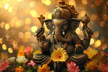 Fototapeta premium Bright holiday composition for happy Ganesh Chaturthi, abstract vivid composition consists of fictional unreal fantastic vision on background