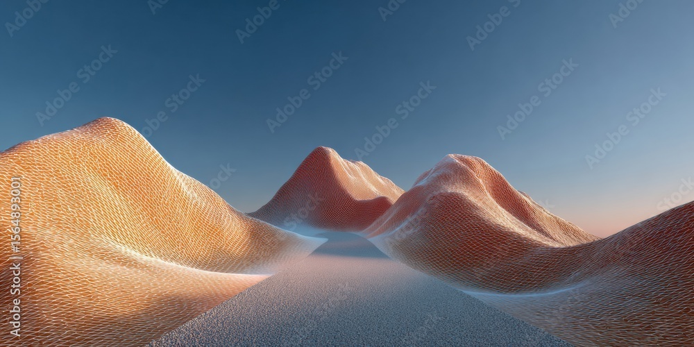 Poster Metaverse Virtual Reality Landscape with Abstract Wireframe Mountains and Wave Terrain for Advanced Digital Exploration and Tech Marketing