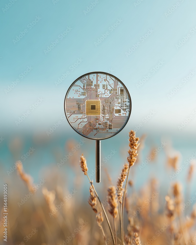 Poster modern high-quality digital circuit inspection with magnifying glass authentic tech security analysi