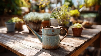 Vintage Blue Watering Can On A Rustic Wooden Table With Green Plants In The Background