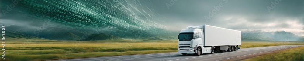 Poster Futuristic Autonomous Truck Driving on Highway with Digital Data Streams and Virtual Interfaces - Advanced Cloud-Enabled Logistics for Tech Industry Innovation