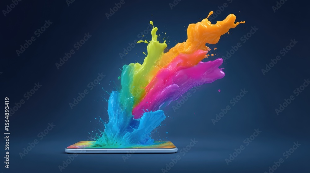 Poster digital splash of colorful light from a mobile device screen, representing modern creative thinking 