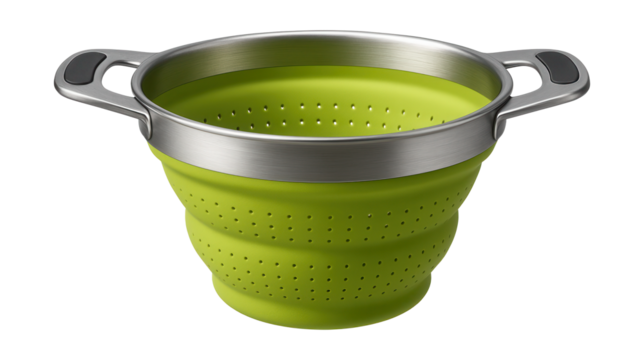 A collapsible silicone colander, which can be stored flat in a kitchen drawer to save space.