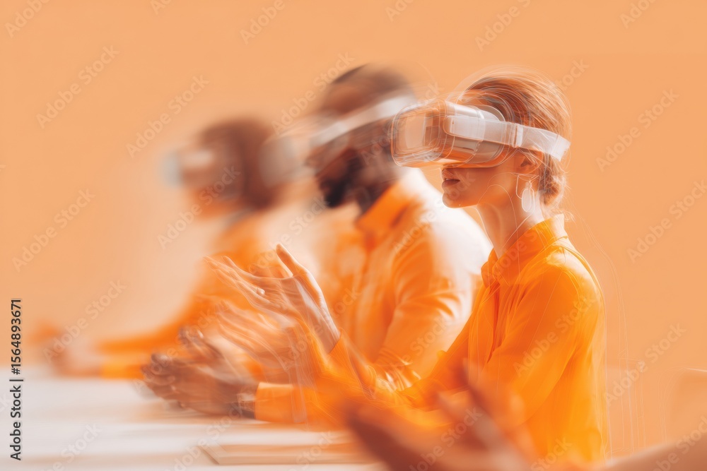 Poster multicultural business team engaged in vr meeting with virtual reality headsets, immersive collabora