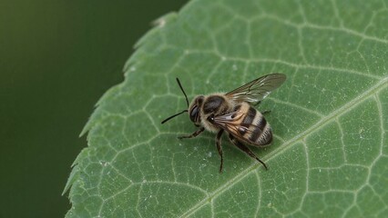 Native blue banded bee relaxing on green leaf