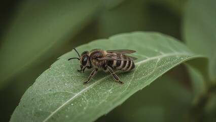 Native blue banded bee resting gracefully on leaf