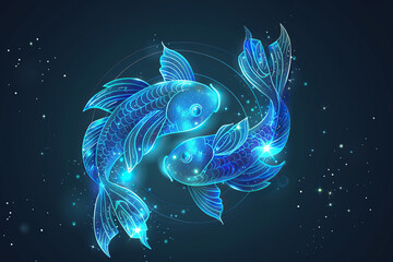 Concept of Pisces zodiac sign symbol, abstract vivid composition consists of fictional unreal fantastic vision on background