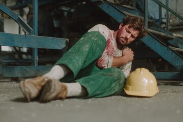 Injured factory worker clutching shoulder on industrial floor with safety helmet nearby, highlighting workplace injury awareness and compensation needs