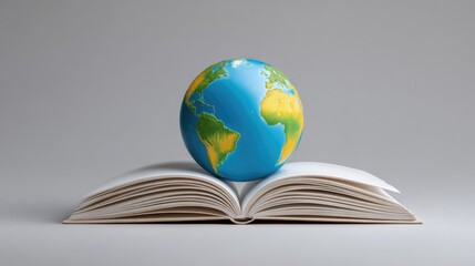 Earth icon rising from the pages of a book, symbol of knowledge-based solutions to save the world with room for design