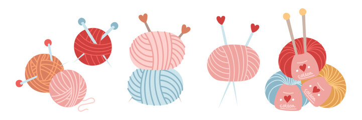 set of multicolored knitting yarns with labels, knitting needles, various shapes. collection of handmade items. cozy atmosphere. flat color illustration. Knitting, needlework, printed, hobbies