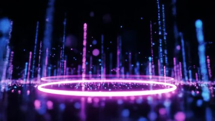 Futuristic glowing digital cityscape with rotating neon ring and pulsing light streams - Powered by Adobe