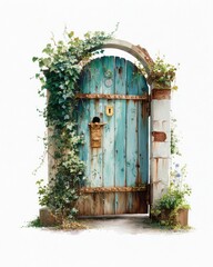 Weathered Blue Wooden Doorway With Stone Arch Surrounded By Green Ivy And Rustic Vintage Elements