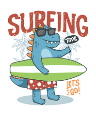 Surfing dinosaur hand drawn illustration , ready for print on t-shirt and other uses.
