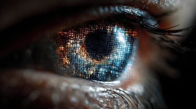 Close-up of Human Eye Observing Digital Data Stream, Symbolizing Technology, Information Processing, and Business Intelligence Analysis - Powered by Adobe