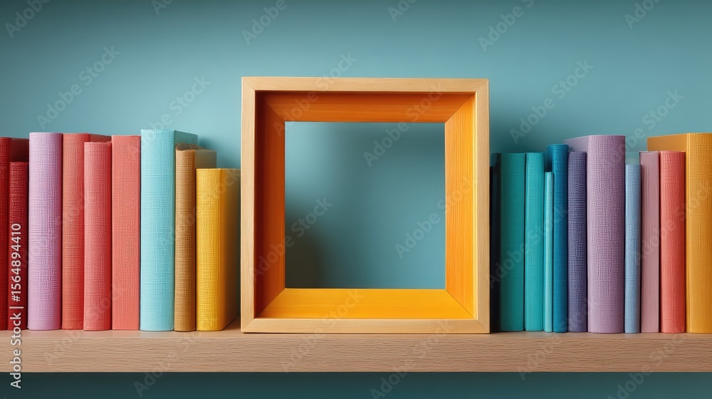 Poster empty picture frame positioned on a bookshelf with colorful books, vibrant and creative space for de