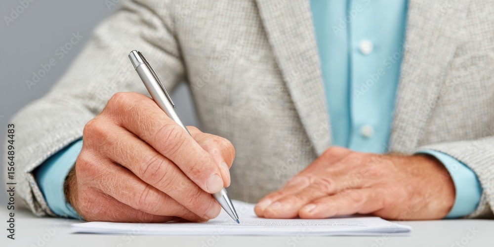 Poster focused businessman writing on clipboard with pen for task management and productivity in modern off