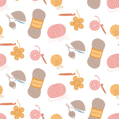 Crochet pattern. Napkin, flower, hat with threads. Small hat, ball of yarn. Cozy handmade atmosphere. Seamless flat color texture. Packaging, social media posts, themes of care and coziness