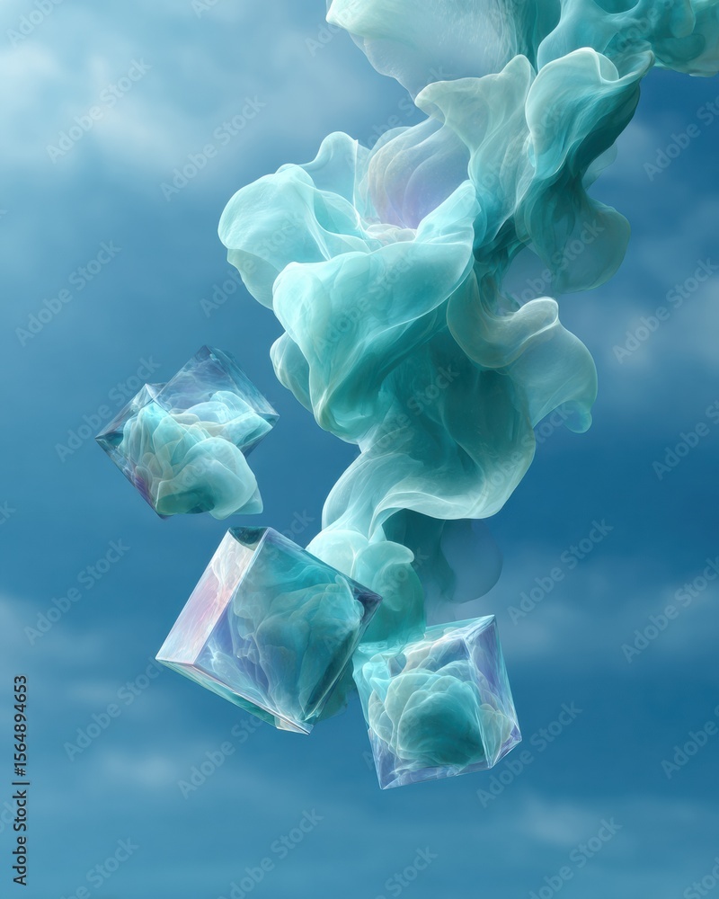 Poster futuristic digital gallery with transparent cubes and flowing ethereal smoke over minimalist blue ba