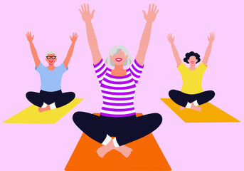 Three senior women joyfully practice yoga together, embracing active aging, health, and community in a group setting. 