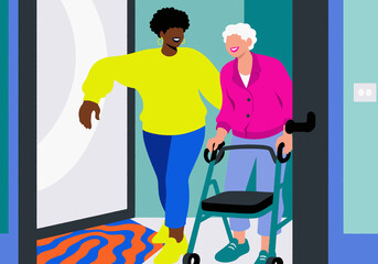 Illustration of a caregiver kindly assisting an elderly woman with a walker as she enters a home. Depicts home care and compassionate support. 