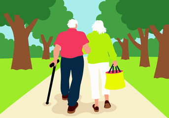 Illustration of an elderly couple walking hand in hand down a tree-lined park path.