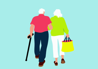 A senior couple walks together, the man with a cane, the woman carrying a bag, illustrating enduring support and companionship in later life. 