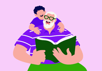 Laughing grandfather reads a story to his joyful grandson, sharing a warm hug. A moment of family bonding and shared happiness. 