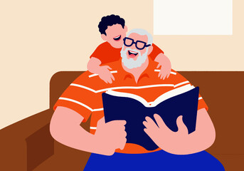 Illustrated grandfather joyfully reads a book to his grandson on a sofa. A warm family moment of bonding and shared stories at home. 
