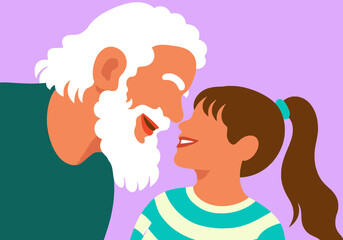 A loving grandfather and her granddaughter share a joyful, affectionate moment, their faces close, highlighting their strong intergenerational bond. 