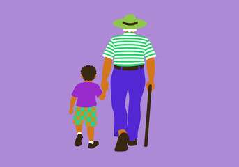 A grandfather and her grandson walk hand-in-hand, a heartwarming scene of intergenerational connection, support, and shared moments. 